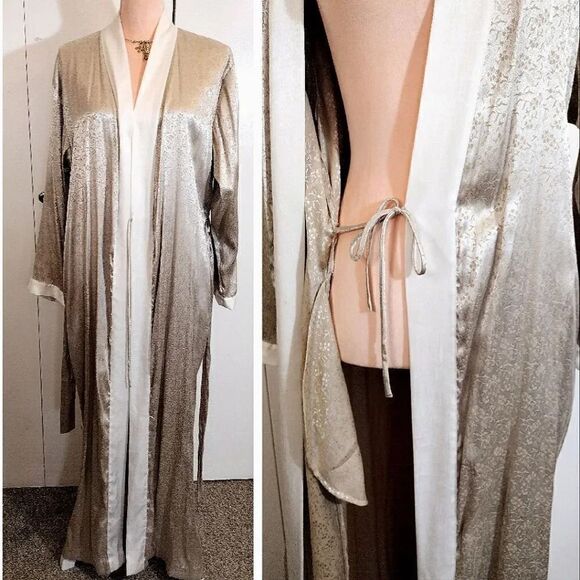 Victoria's Secret 1999 Gold Ivory Satin Textured Long Kimono Robe M/ L - Picture 13 of 16